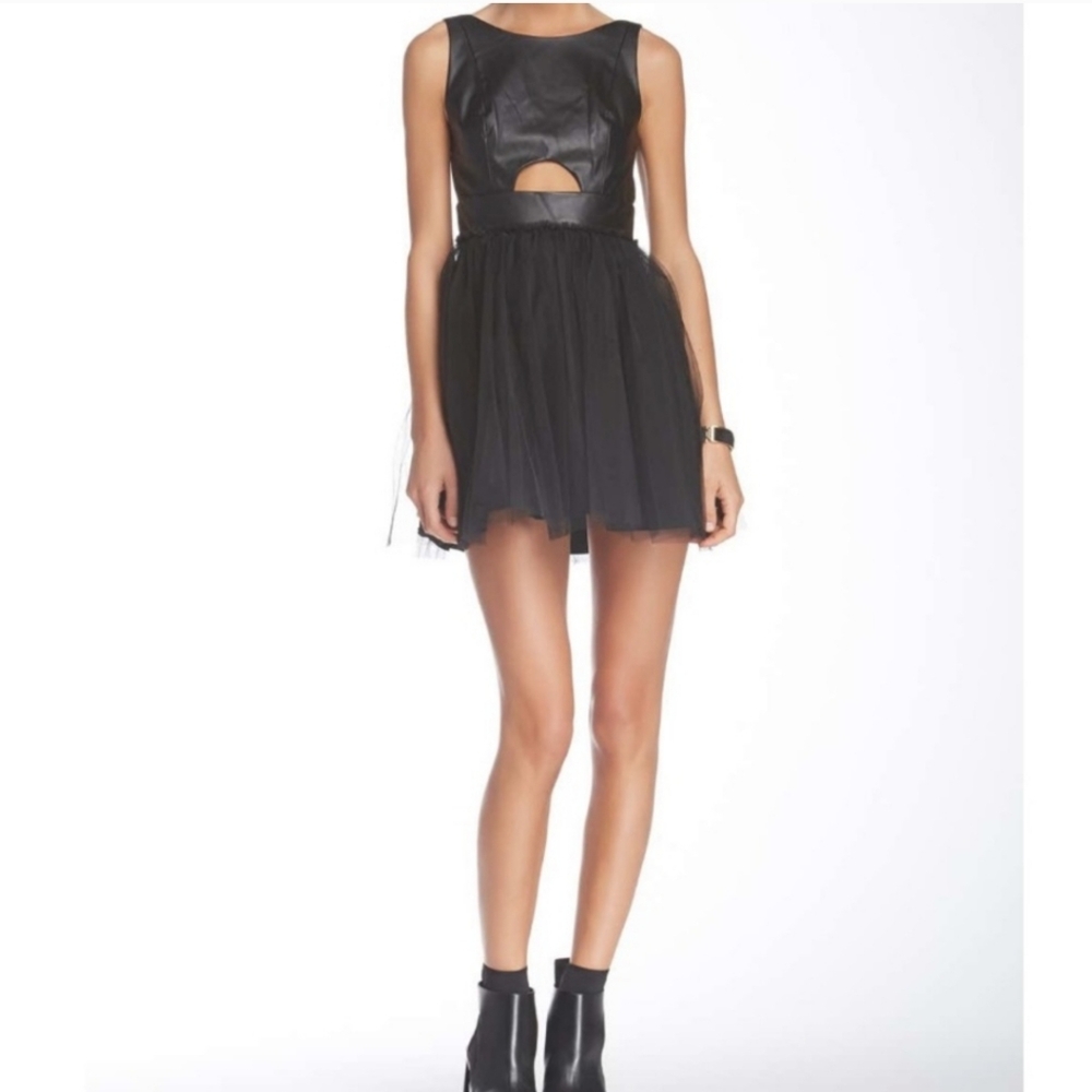 BCBG faux leather cut-out top ballerina tulle skirt dress sz2-4 Xs-S